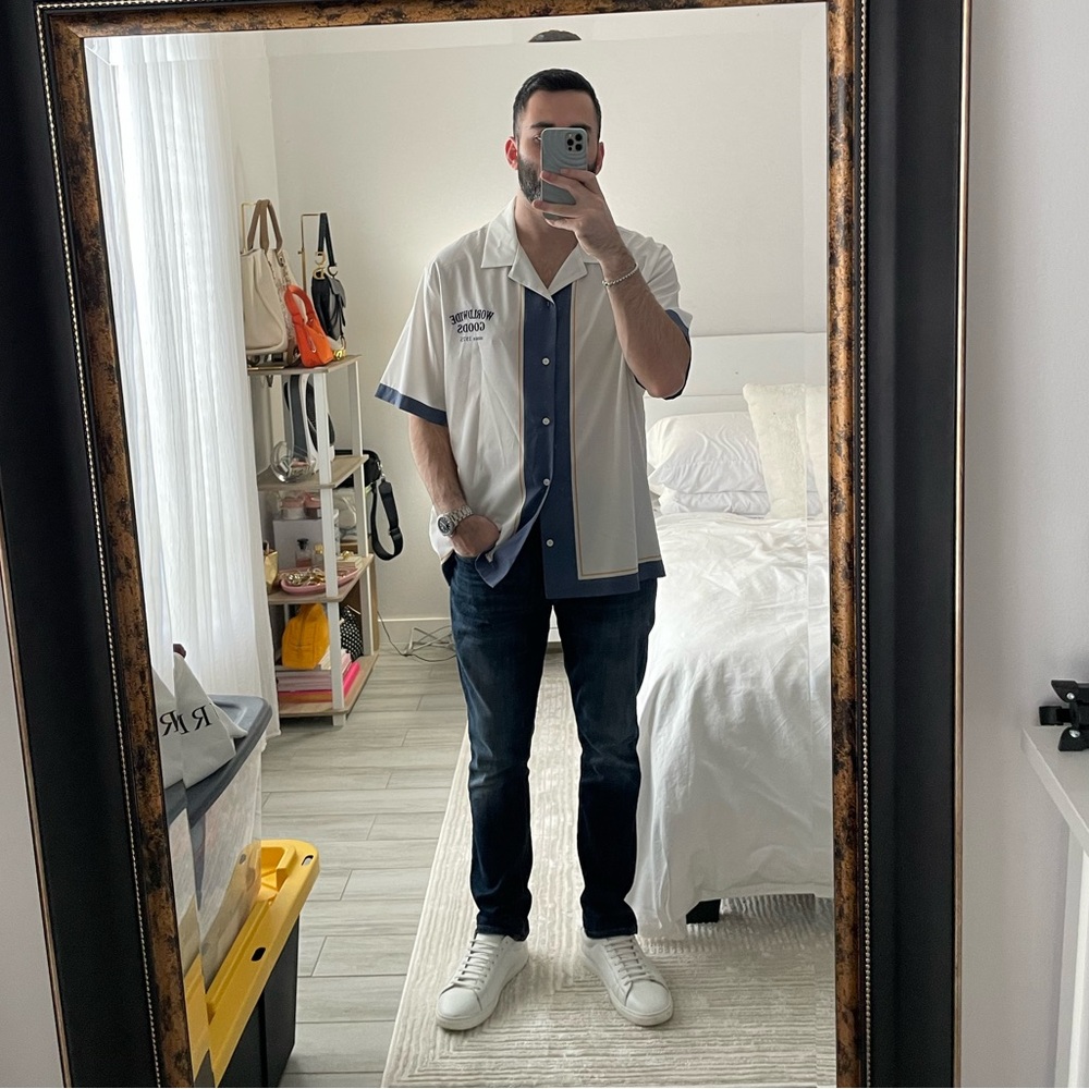 ZARA World Wide Goods White and Blue Button-Up Short Sleeve Shirt